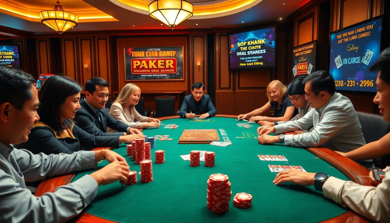 Experience the thrill of đánh bài đổi thưởng at a vibrant casino table filled with lively players and colorful chips.